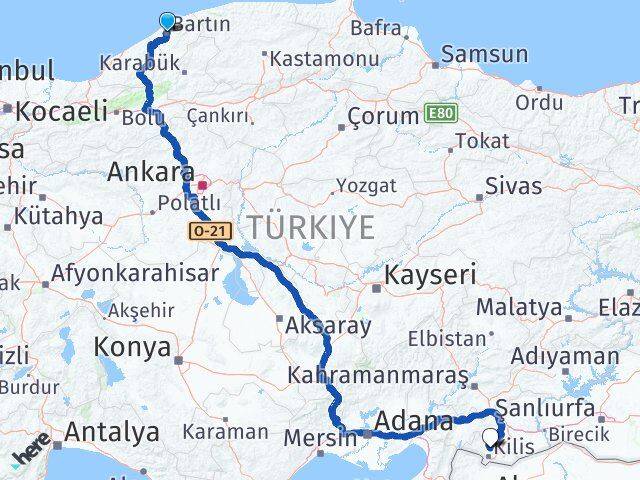 Bartın Polateli Kilis Arası Kaç Km - Yol Haritası