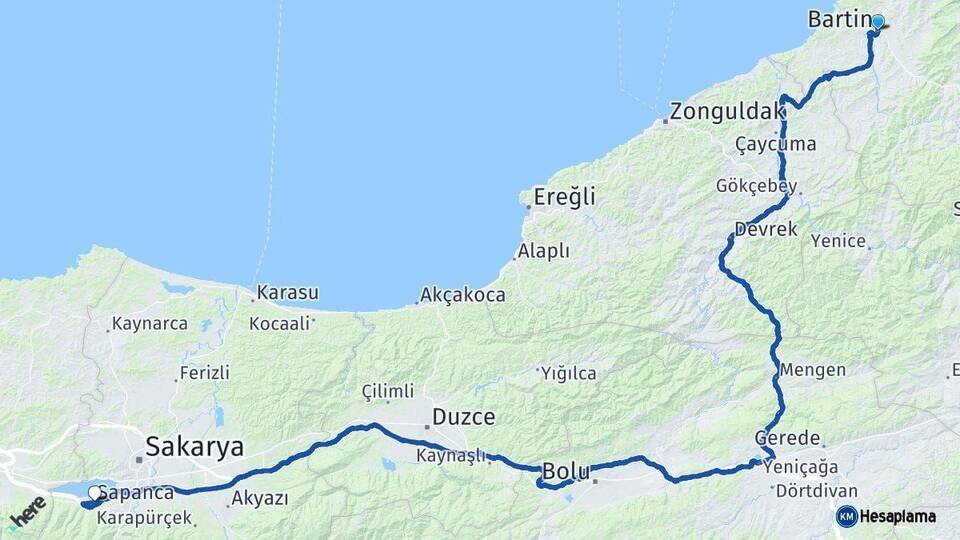 Bartın Sapanca Sakarya Arası Kaç Km - Yol Haritası