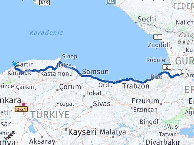 Bartın Şavşat Artvin Arası Kaç Km - Yol Haritası