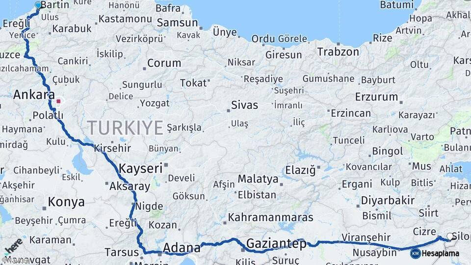 Bartın Silopi Şırnak Arası Kaç Km - Yol Haritası