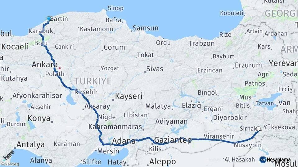 Bartın Şırnak Arası Kaç Km - Yol Haritası