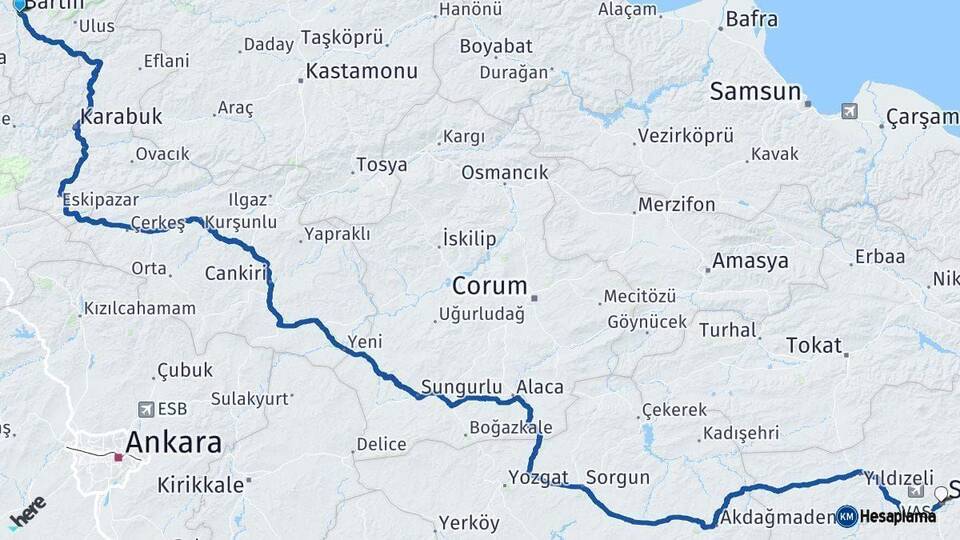 Bartın Sivas Arası Kaç Km - Yol Haritası
