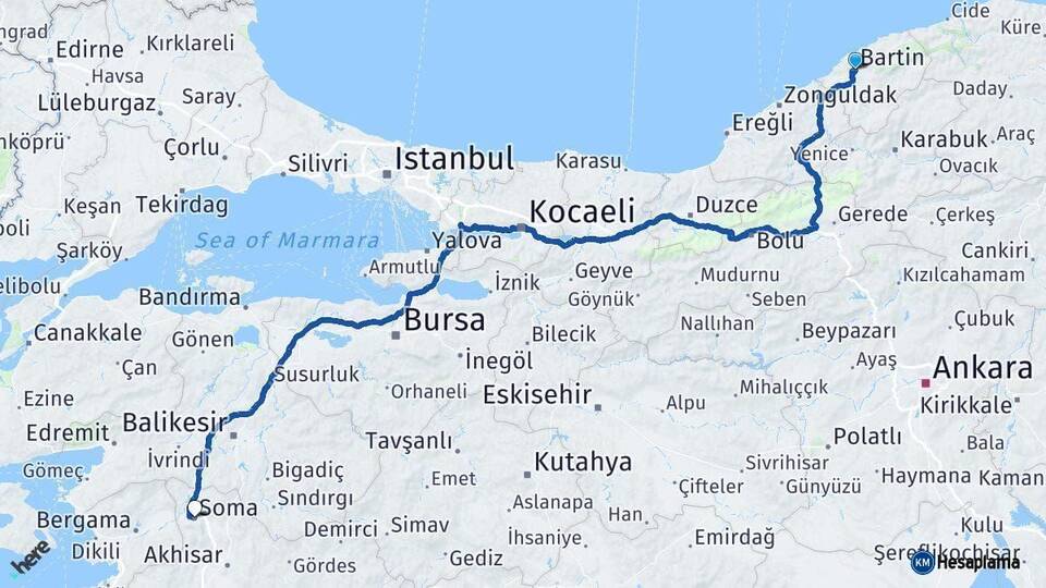 Bartın Soma Manisa Arası Kaç Km - Yol Haritası