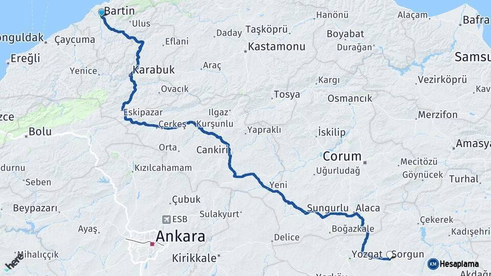 Bartın Sorgun Yozgat Arası Kaç Km - Yol Haritası