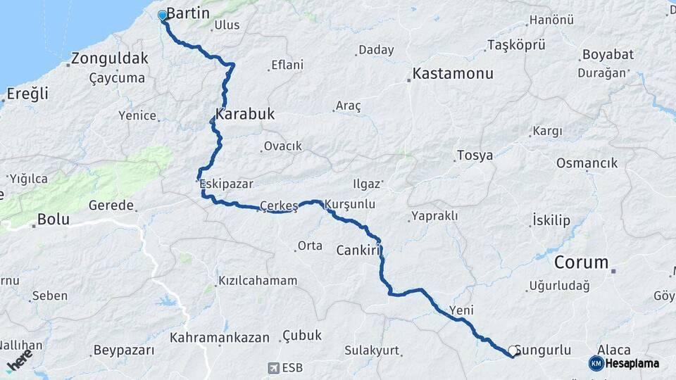 Bartın Sungurlu Çorum Arası Kaç Km - Yol Haritası