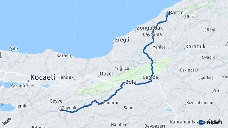 Bartın Taraklı Sakarya Arası Kaç Km - Yol Haritası