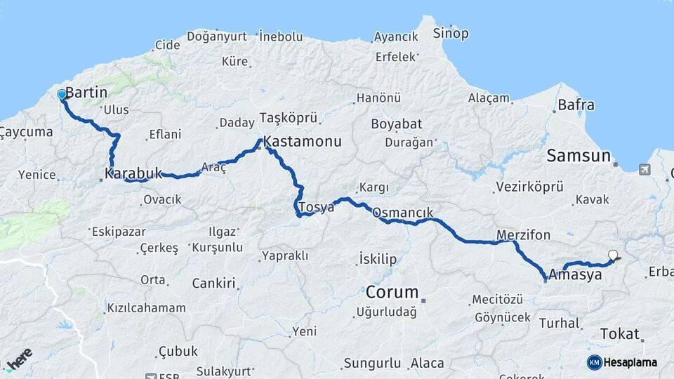 Bartın Taşova Amasya Arası Kaç Km - Yol Haritası
