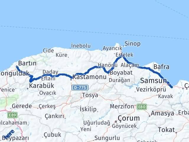Bartın Tekkeköy Samsun Arası Kaç Km - Yol Haritası