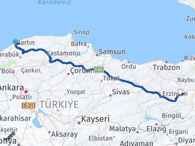 Bartın Tercan Erzincan Arası Kaç Km - Yol Haritası