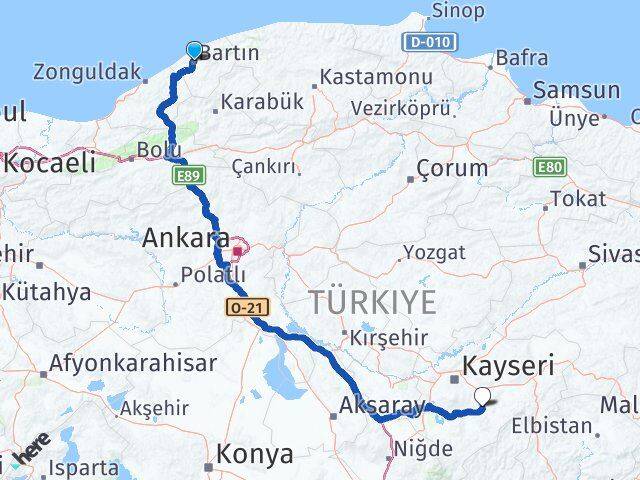 Bartın Tomarza Kayseri Arası Kaç Km - Yol Haritası