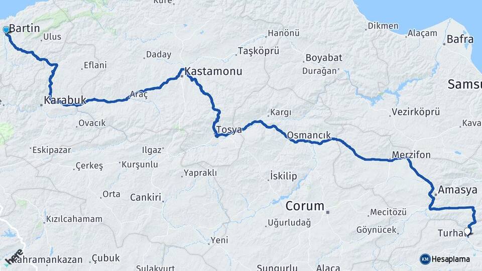 Bartın Turhal Tokat Arası Kaç Km - Yol Haritası