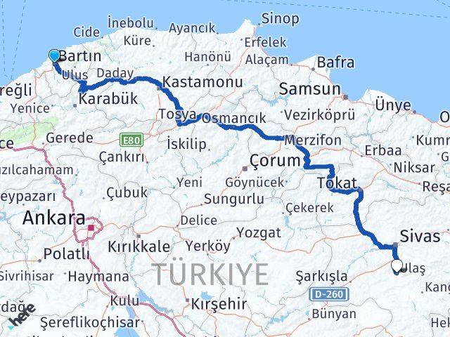 Bartın Ulaş Sivas Arası Kaç Km - Yol Haritası