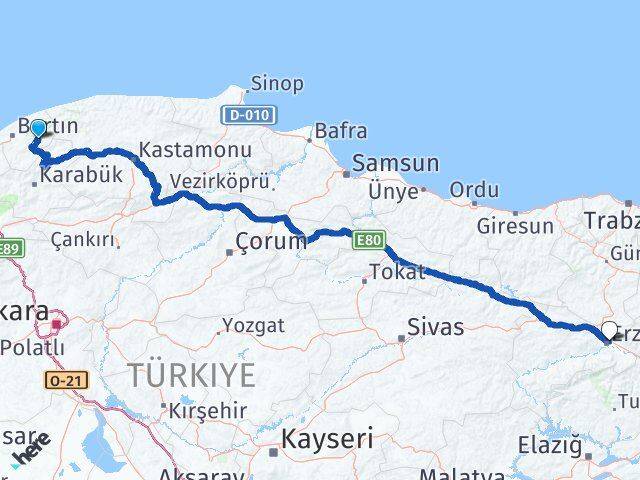Bartın Ulus Erzincan Arası Kaç Km - Yol Haritası