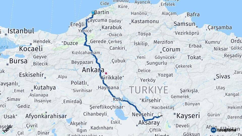 Bartın Ürgüp Nevşehir Arası Kaç Km - Yol Haritası