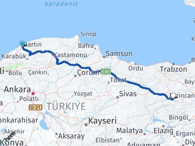 Bartın Üzümlü Erzincan Arası Kaç Km - Yol Haritası