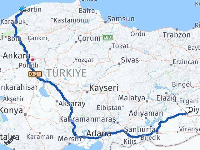 Bartın Yenişehir Diyarbakır Arası Kaç Km - Yol Haritası