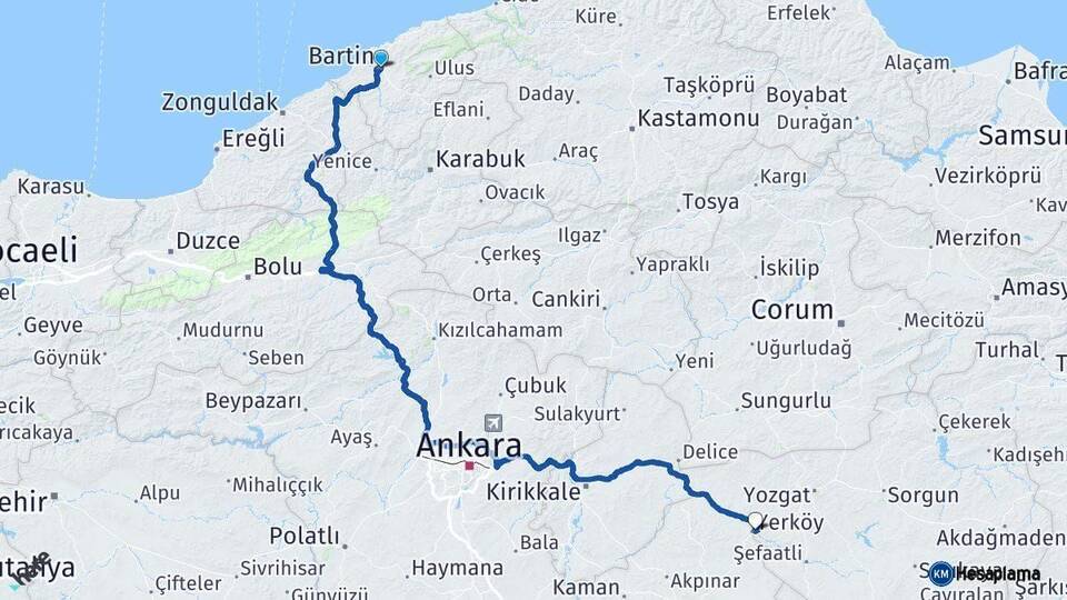 Bartın Yerköy Yozgat Arası Kaç Km - Yol Haritası