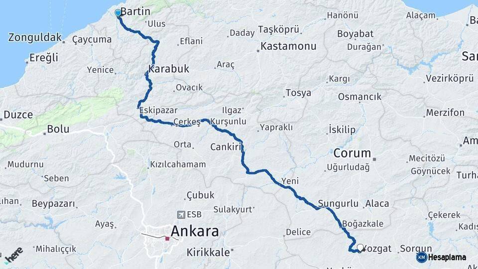 Bartın Yozgat Arası Kaç Km - Yol Haritası