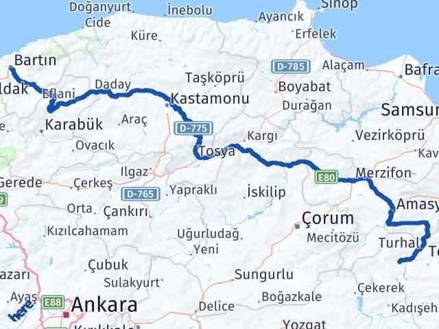Bartın Zile Tokat Arası Kaç Km - Yol Haritası