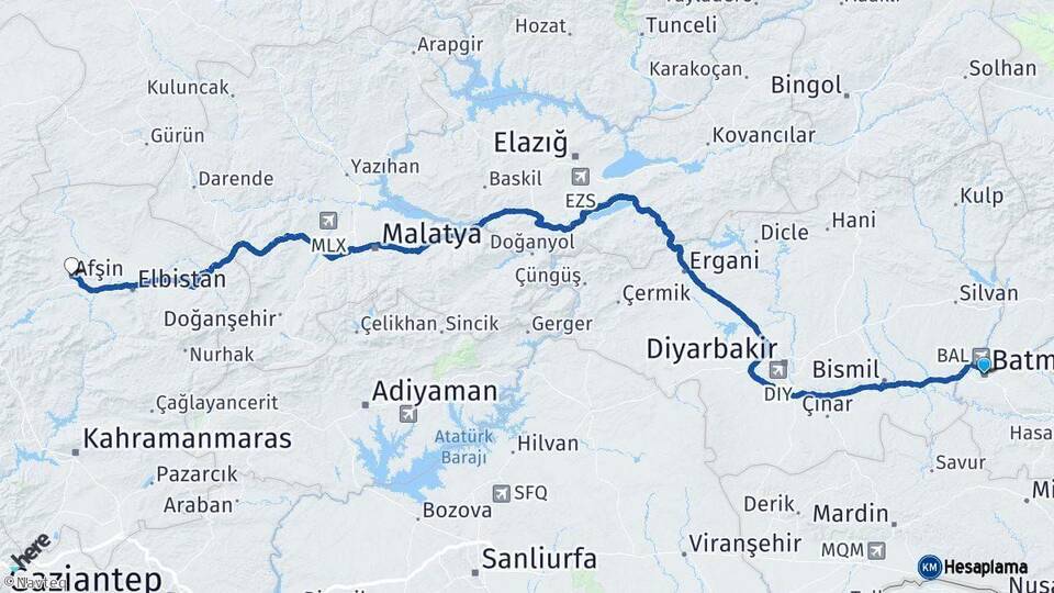 Batman Afşin Kahramanmaraş Arası Kaç Km - Yol Haritası