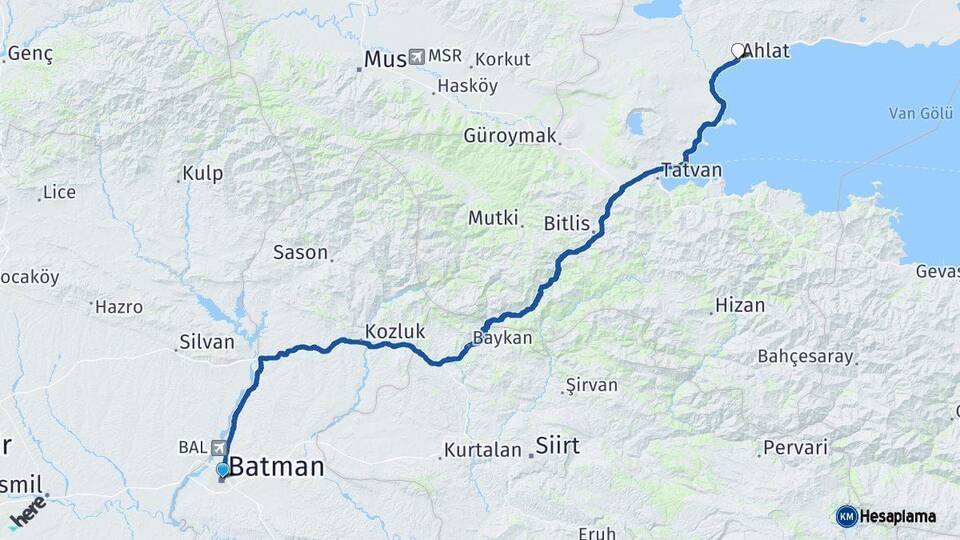 Batman Ahlat Bitlis Arası Kaç Km - Yol Haritası