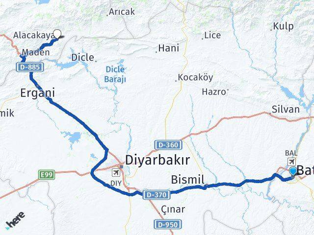 Batman Alacakaya Elazığ Arası Kaç Km - Yol Haritası