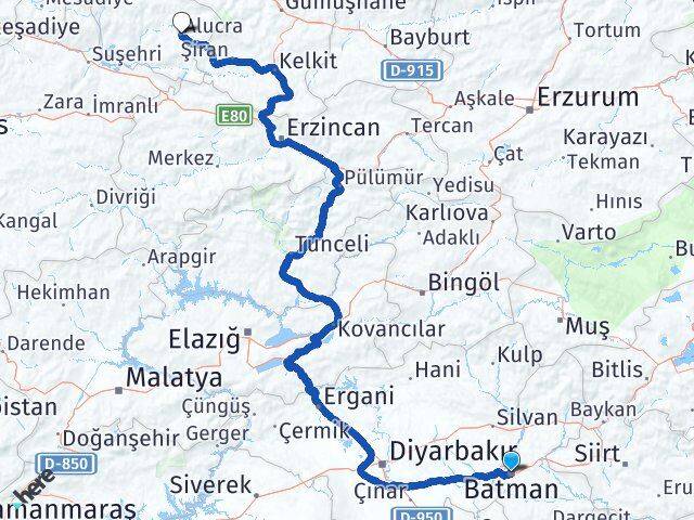 Batman Alucra Giresun Arası Kaç Km - Yol Haritası