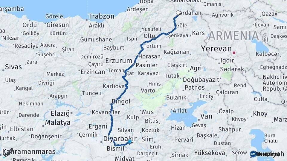 Batman Ardahan Arası Kaç Km - Yol Haritası