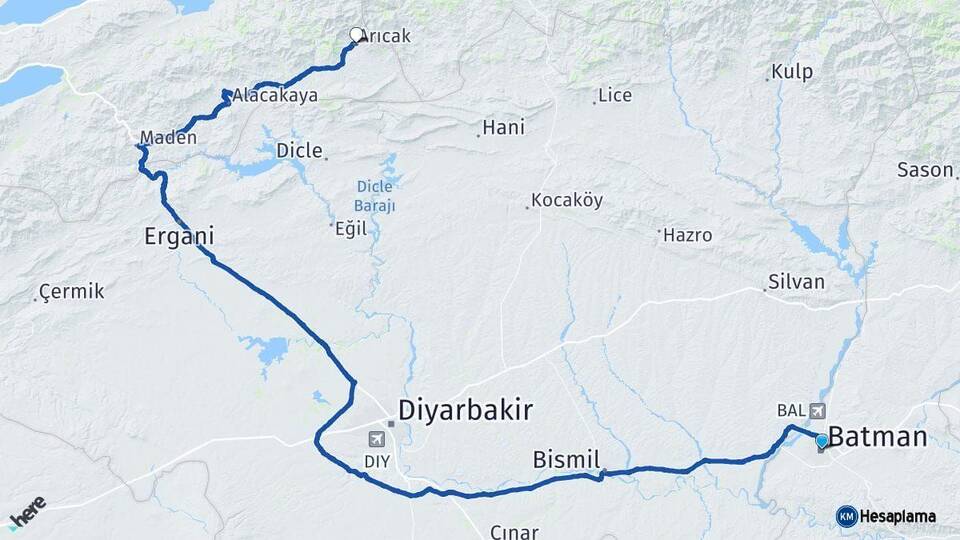 Batman Arıcak Elazığ Arası Kaç Km - Yol Haritası