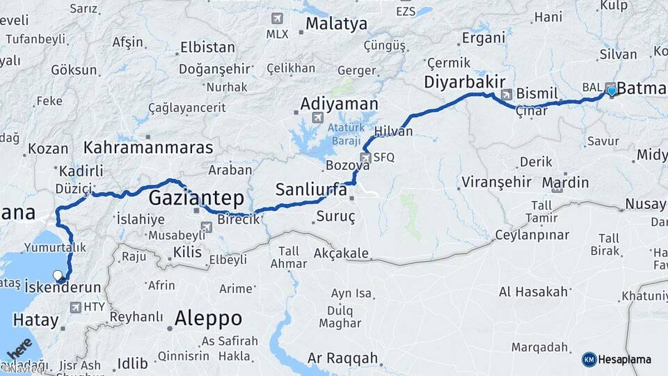 Batman Arsuz Hatay Arası Kaç Km - Yol Haritası