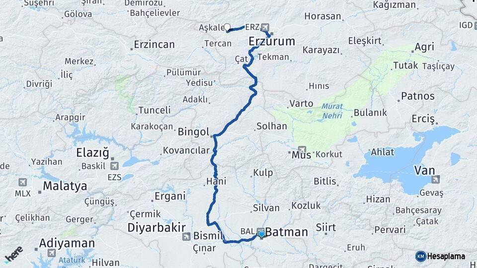 Batman Aşkale Erzurum Arası Kaç Km - Yol Haritası
