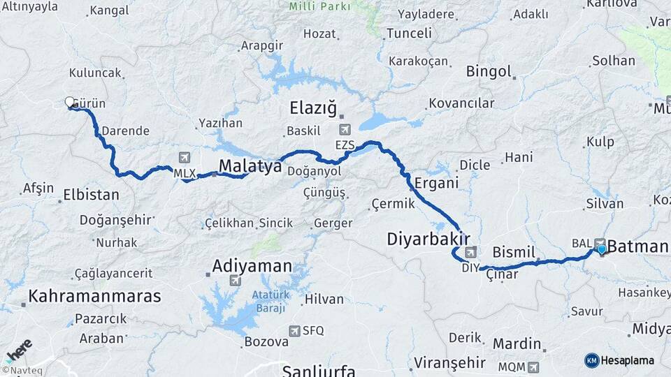 Batman Batman Havalimanı Arası Kaç Km - Yol Haritası