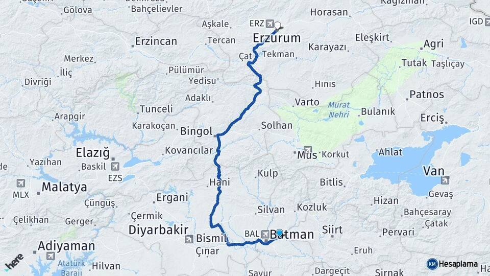 Batman Beşiri Erzurum Arası Kaç Km - Yol Haritası