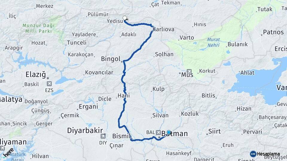 Batman Beşiri Yedisu Bingöl Arası Kaç Km - Yol Haritası