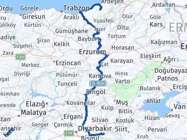 Batman Çamlıhemşin Rize Arası Kaç Km - Yol Haritası