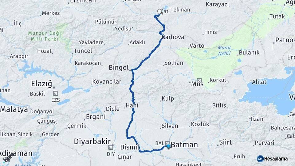 Batman Çat Erzurum Arası Kaç Km - Yol Haritası
