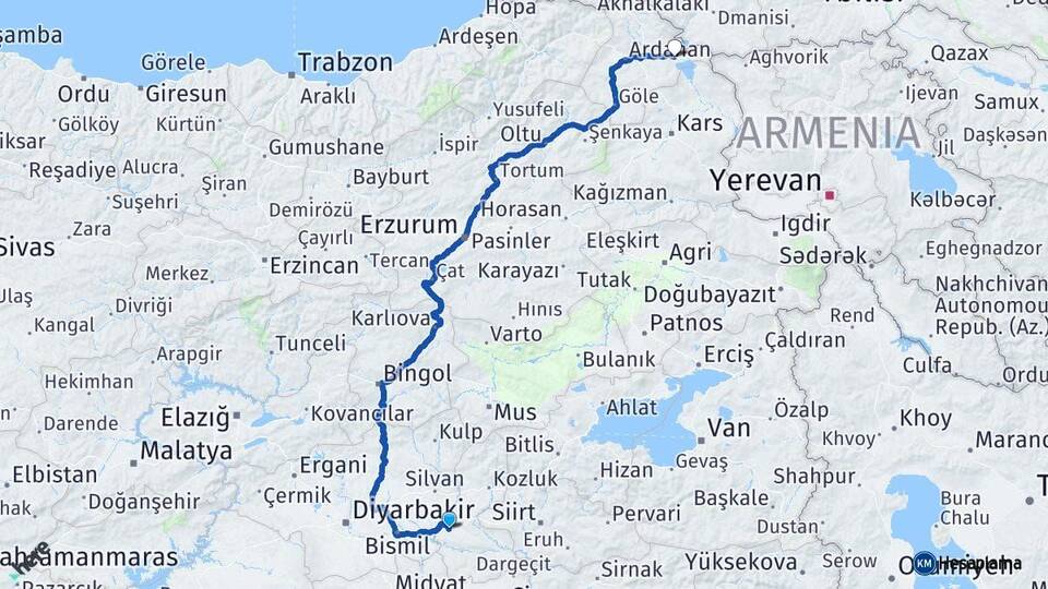 Batman Çıldır Ardahan Arası Kaç Km - Yol Haritası