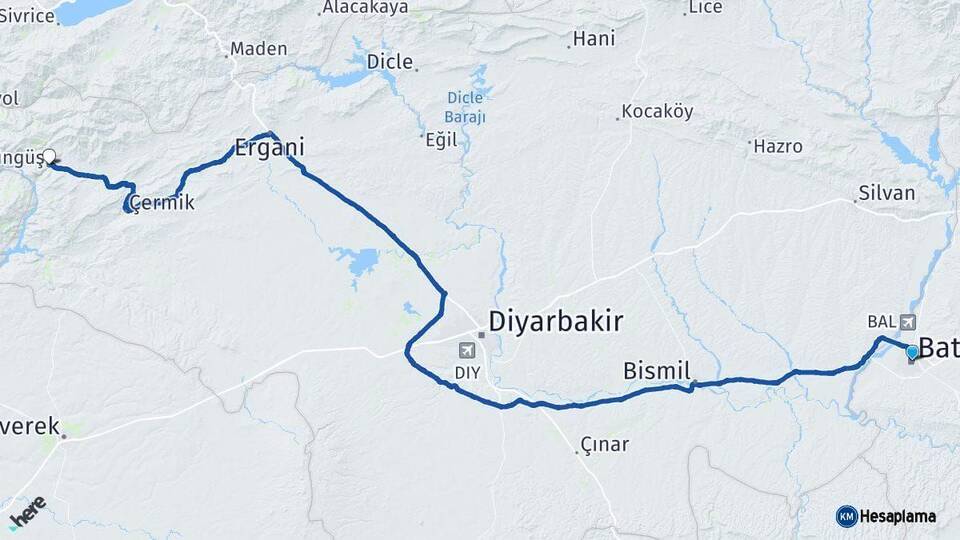 Batman Çüngüş Diyarbakır Arası Kaç Km - Yol Haritası