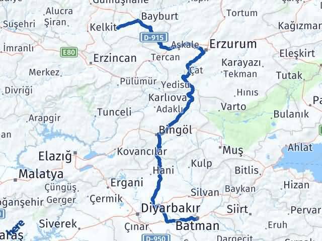 Batman Demirözü Bayburt Arası Kaç Km - Yol Haritası