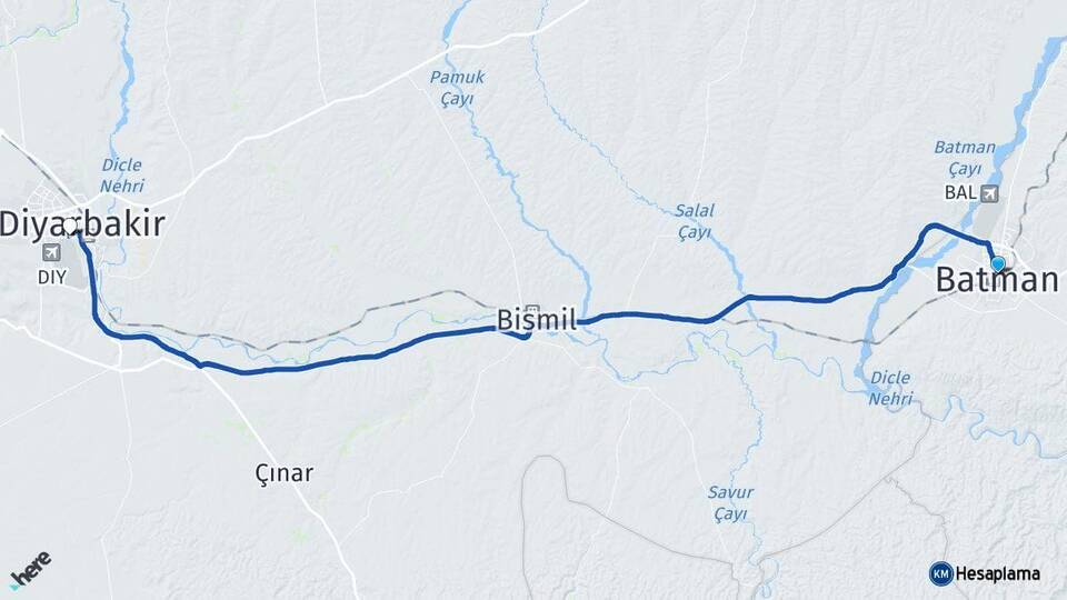 Batman Diyarbakır Havalimanı Arası Kaç Km - Yol Haritası