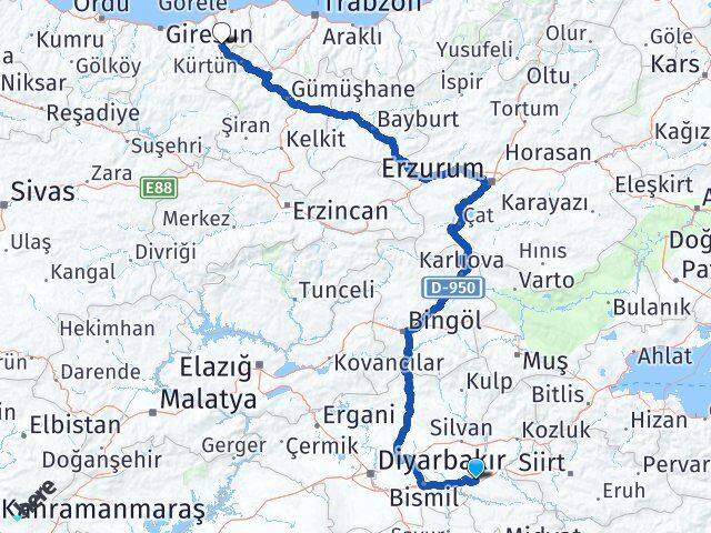 Batman Doğankent Giresun Arası Kaç Km - Yol Haritası
