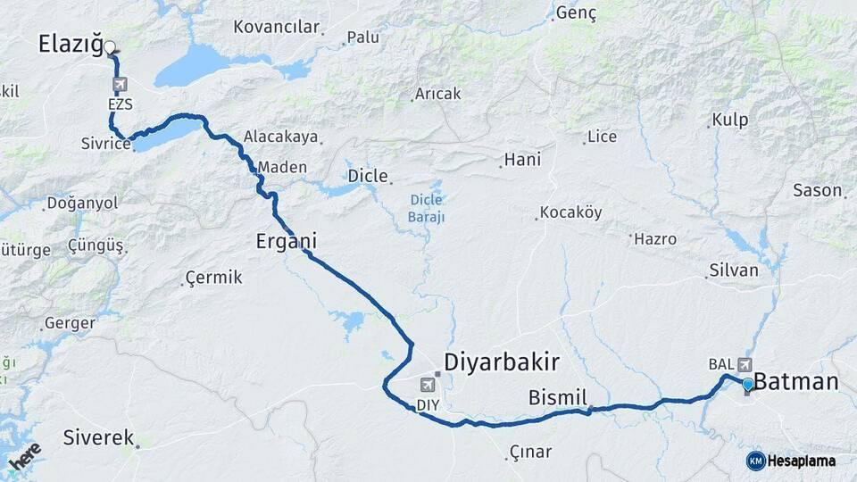 Batman Elazığ Arası Kaç Km - Yol Haritası