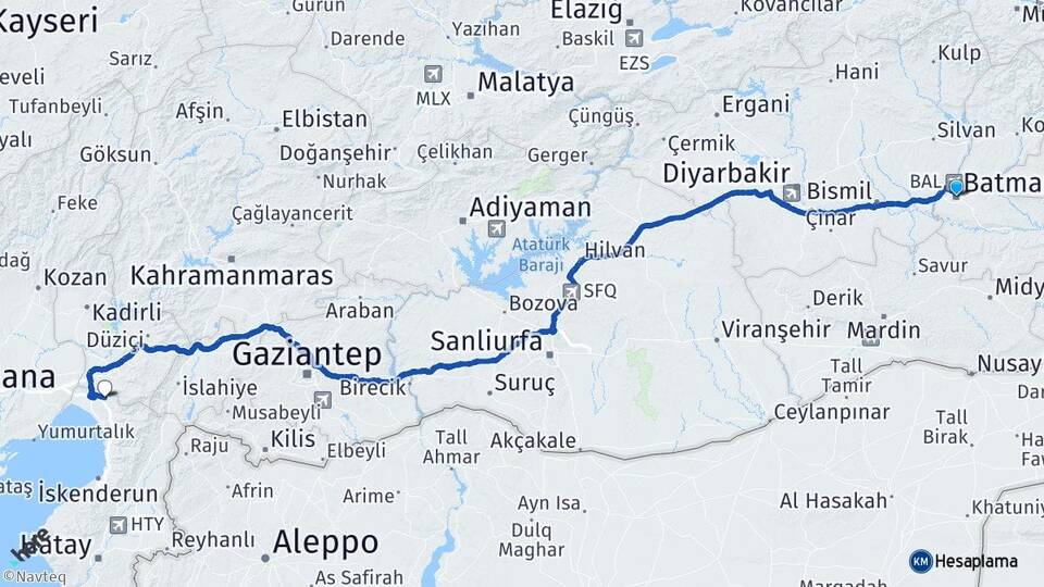Batman Erzin Hatay Arası Kaç Km - Yol Haritası