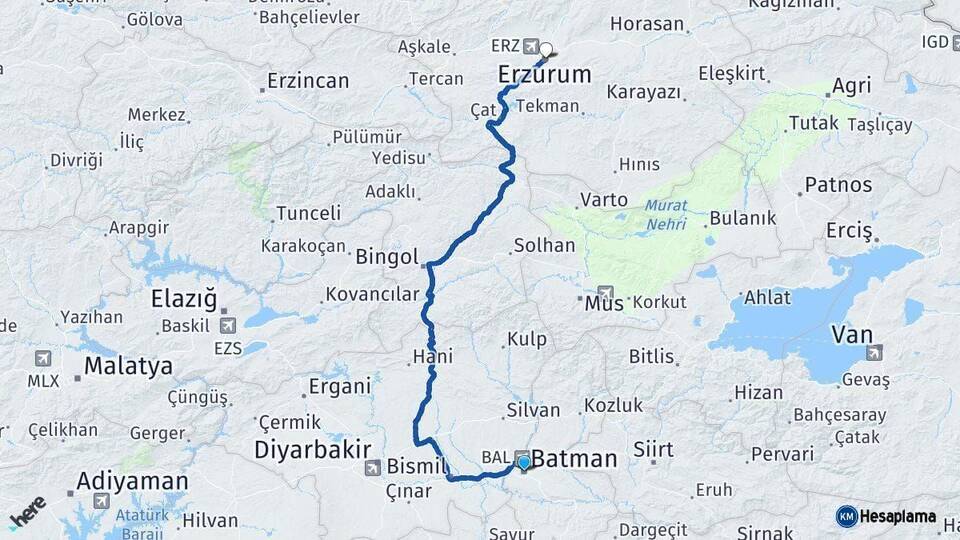 Batman Erzurum Arası Kaç Km - Yol Haritası