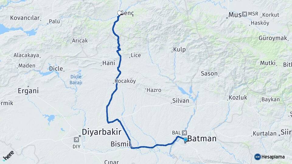 Batman Genç Bingöl Arası Kaç Km - Yol Haritası