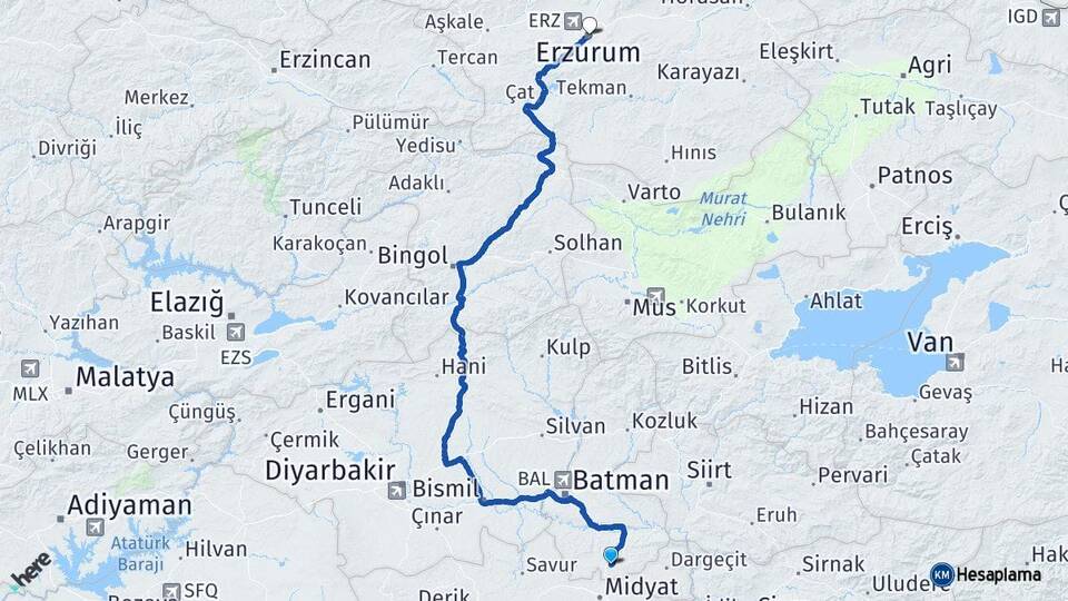 Batman Gercüş Erzurum Arası Kaç Km - Yol Haritası