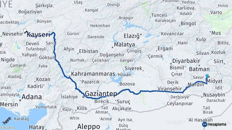 Batman Gercüş Kayseri Arası Kaç Km - Yol Haritası