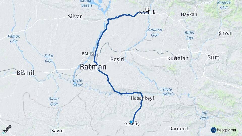Batman Gercüş Kozluk Arası Kaç Km - Yol Haritası