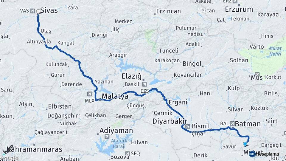 Batman Gercüş Sivas Arası Kaç Km - Yol Haritası