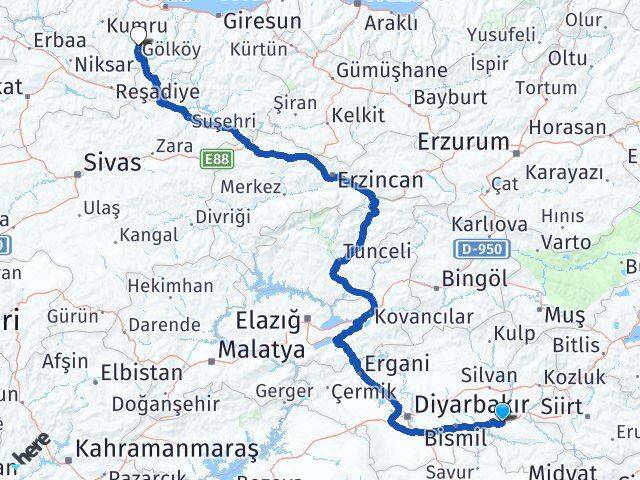 Batman Gölköy Ordu Arası Kaç Km - Yol Haritası